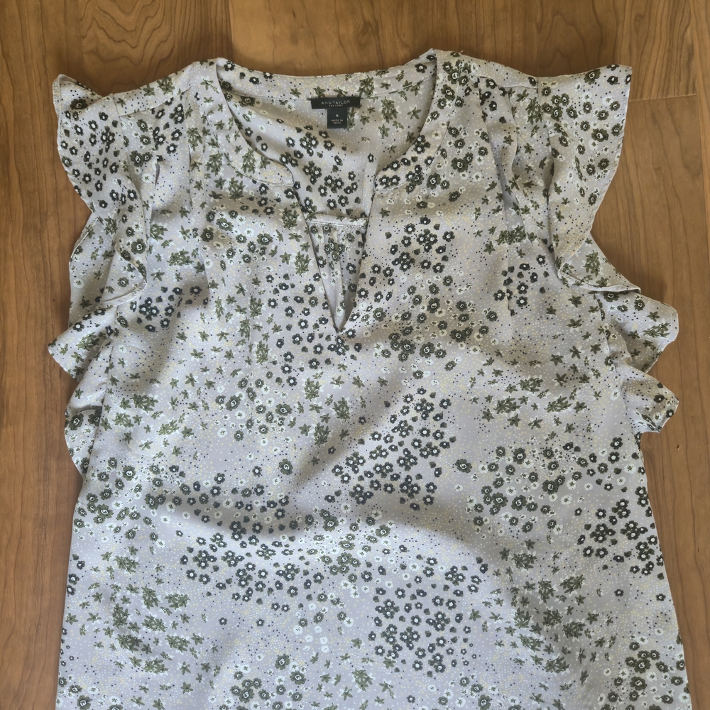 Ann Taylor Factory Floral Ruffle Sleeve Blouse - Grey and Green